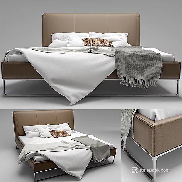 Modern Double Bed with Brown Headboard White Bedding and Gray Throw Blanket 3d model