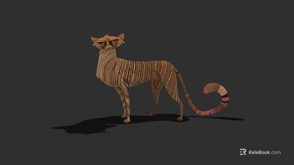 3D Wooden Cat Sculpture With Striped Texture And Unique Tail Design 3d model 
