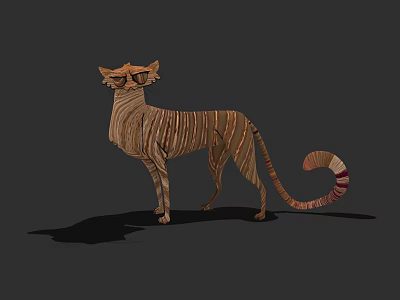 3D Wooden Cat Sculpture With Striped Texture And Unique Tail Design 3d model
