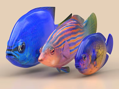 Vibrant Colorful Tropical Marine Fish with Blue Orange Striped and Multicolored Patterns Swimming in Group 3d model
