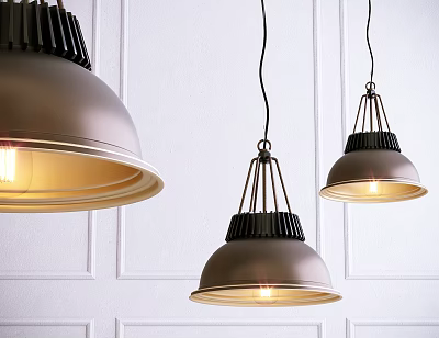 Modern Pendant Lights Three Hanging With Metallic Shades And Black Accents Against White Paneled Wall 3d model