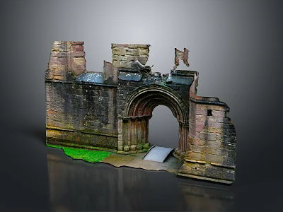 Ancient Stone Arched Entrance Gate of Castle Ruins with Green Grass 3d model
