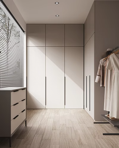 Modern Walk in Closet Interior With Light Cabinets Hanging Clothes And Blinds 3d model