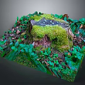 Natural Wooden Stump Covered with Moss and Surrounded by Green Leaves and Fallen Leaves