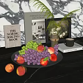 Fresh Grapes and Peaches on a Glass Plate with Books Vase and Mug in Background