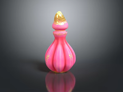 Elegant Pink Perfume Bottle With Gold Decorative Accents And Curved Design Details 3d model
