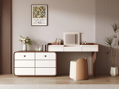 Elegant Modern Dressing Table With Drawers Mirror Stool And Vase Of Flowers 3d model