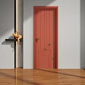 Red Hinged Door With Decorative Patterns And Golden Handle In White Wall Room