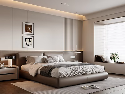 Modern Bedroom Interior Design With Framed Artworks Nightstands And Wooden Flooring 3d model