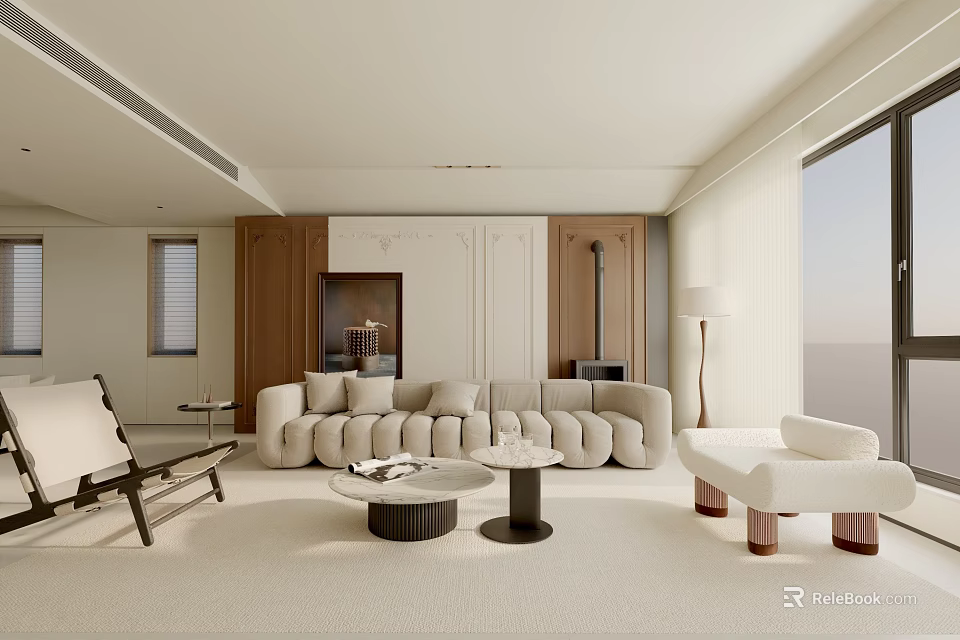 Modern Living Room Interior Design With Cream Colored Sofa Armchair And Floor To Ceiling Windows 3d model 