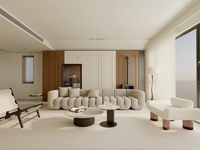 Modern Living Room Interior Design With Cream Colored Sofa Armchair And Floor To Ceiling Windows 3d model