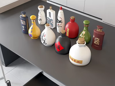 Colorful Wine Bottles And Glasses Displayed On Modern Gray Table With Diverse Designs 3d model