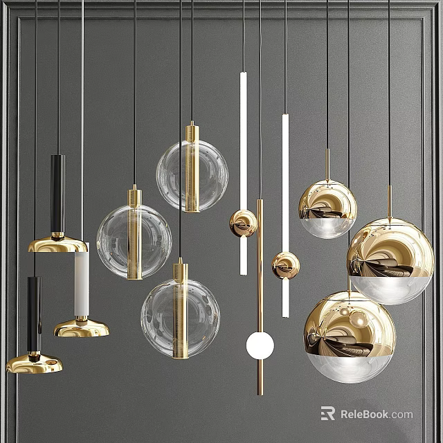 Modern Decorative Hanging Chandeliers With Gold Metal And Glass Spherical Cylindrical Design For Interior 3d model 