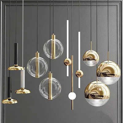 Modern Decorative Hanging Chandeliers With Gold Metal And Glass Spherical Cylindrical Design For Interior 3d model