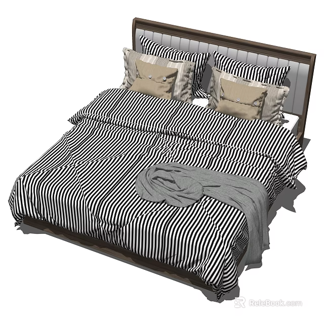 Double Bed With Black And White Striped Sheets Pillows Gray Blanket And Wooden Headboard 3d model 