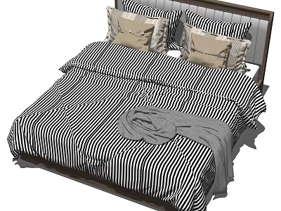 Double Bed With Black And White Striped Sheets Pillows Gray Blanket And Wooden Headboard 3d model