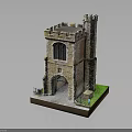 Ancient Stone Castle Gateway with Crenellated Tower and Archway on Green Base Model