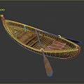 Handcrafted Wooden Boat Featuring Curved Hull Design And Traditional Wooden Oars