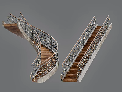 Spiral and Straight Stairs Design With Wooden Treads Ornate Metal Railings and Stone Sides 3d model