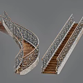Spiral and Straight Stairs Design With Wooden Treads Ornate Metal Railings and Stone Sides