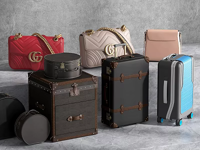 Various Colored Retro Modern Bags And Suitcases With Chain Straps Round Case And Wheels 3d model