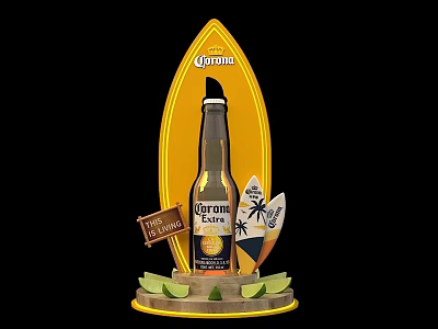 Surfboard Shaped Display Shelf Showcasing Corona Extra Beer Find Your Beach Sign And Decorations 3d model