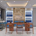 Modern Exhibition Hall With Blue Bottles Display Shelves And Earth Design Counter