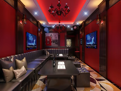 Elegant KTV Room Interior With Red Walls Dark Wooden Decor Sofas And TV Screens 3d model