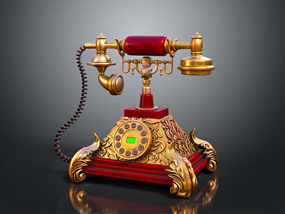 Vintage Rotary Telephone With Red And Gold Ornate Design Classic Landline Device 3d model