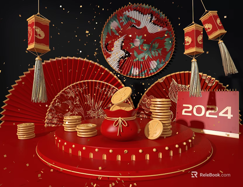 Chinese New Year Decorations With Red Lanterns Gold Coins Crane Plate And 2024 Calendar 3d model 