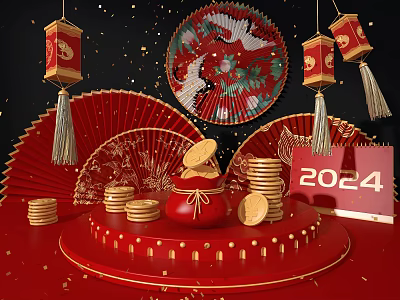 Chinese New Year Decorations With Red Lanterns Gold Coins Crane Plate And 2024 Calendar 3d model