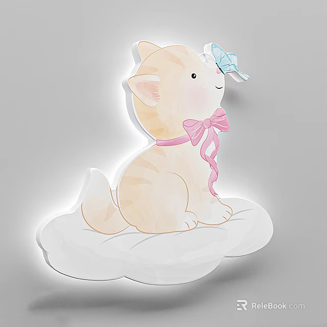 Cute Kitten Shaped Wall Light With Pink Bow Blue Butterfly And Cloud Base 3d model 