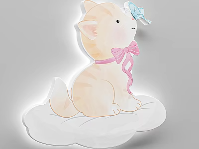 Cute Kitten Shaped Wall Light With Pink Bow Blue Butterfly And Cloud Base 3d model
