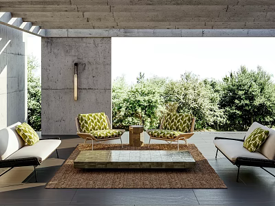 Modern Outdoor Sofa Setup With Concrete Ceiling Greenery View and Decorative Pillows 3d model