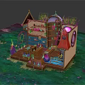 Cartoon Scene of Small Multi Level House with Colorful Furniture Green Plants and Interior Decorations