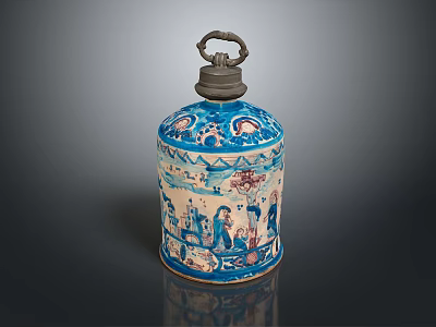 Traditional Ceramic Jar With Lid And Painted Blue White Landscape Figures 3d model