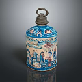 Traditional Ceramic Jar With Lid And Painted Blue White Landscape Figures