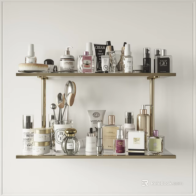 Elegant Perfumes And Cosmetics Arranged On Gold Shelves With Various Bottles Jars And Tools 3d model 