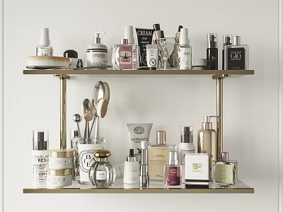 Elegant Perfumes And Cosmetics Arranged On Gold Shelves With Various Bottles Jars And Tools 3d model