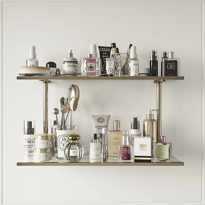 Elegant Perfumes And Cosmetics Arranged On Gold Shelves With Various Bottles Jars And Tools 3d model