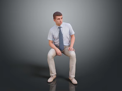 Man Sitting On Dark Surface Wearing Light Blue Shirt Striped Tie And Khaki Pants 3d model