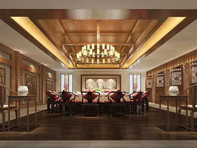 Chinese Style Private Dining Box With Mahogany Table Red Chairs Chandelier And Wooden Ceiling 3d model