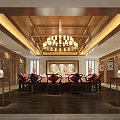 Chinese Style Private Dining Box With Mahogany Table Red Chairs Chandelier And Wooden Ceiling
