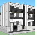 Modern Detached Villa with White Exterior Large Windows Balcony and Black Car Near Greenery