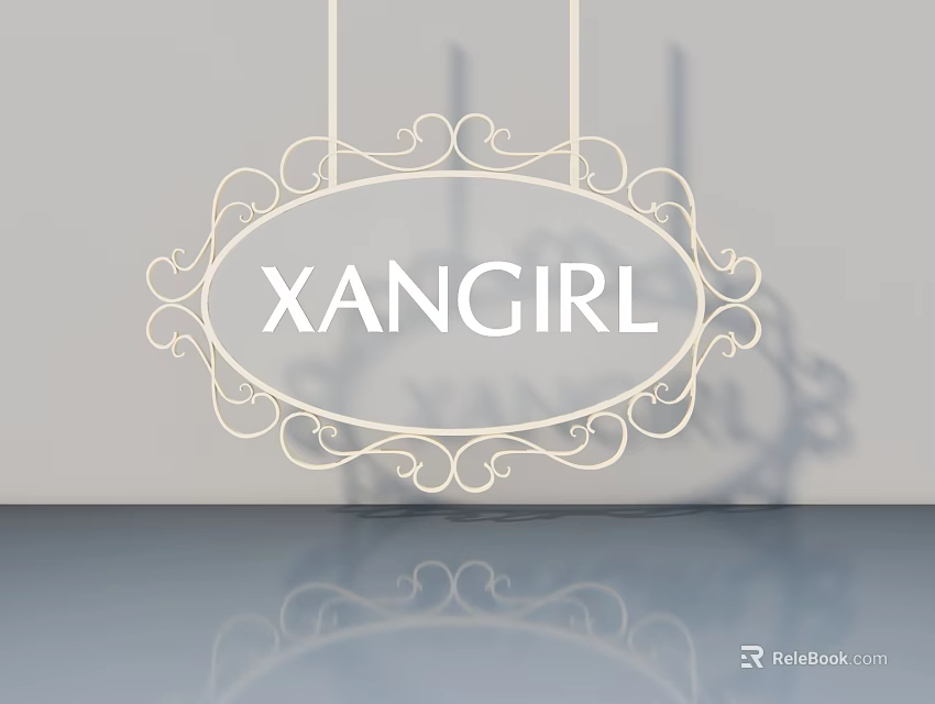 Elegant Swing Door Featuring Decorative Scrollwork And XANGIRL Brand On Light Gray Background With Reflection 3d model 