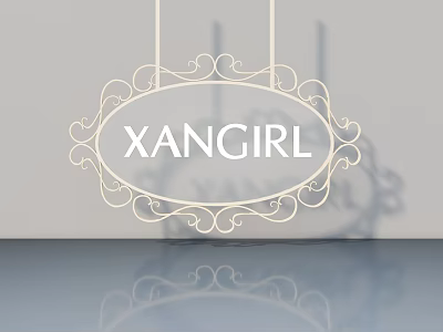 Elegant Swing Door Featuring Decorative Scrollwork And XANGIRL Brand On Light Gray Background With Reflection 3d model