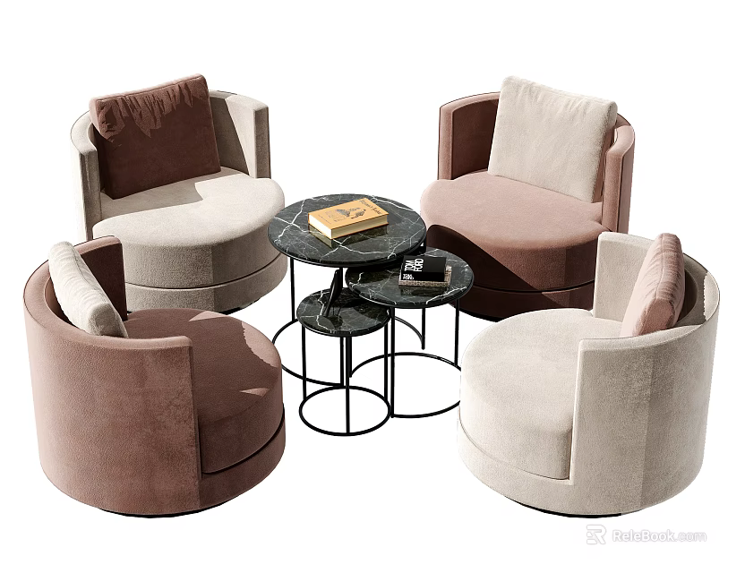 Casual Round Upholstered Sofa Set With Neutral Tones And Black Coffee Table 3d model 