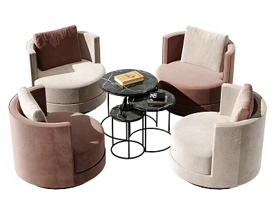 Casual Round Upholstered Sofa Set With Neutral Tones And Black Coffee Table 3d model