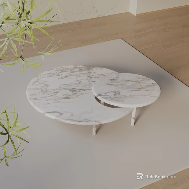 Round Marble Sofa and Coffee Table Set with Green Plants on Wooden Floor and Carpet 3d model 