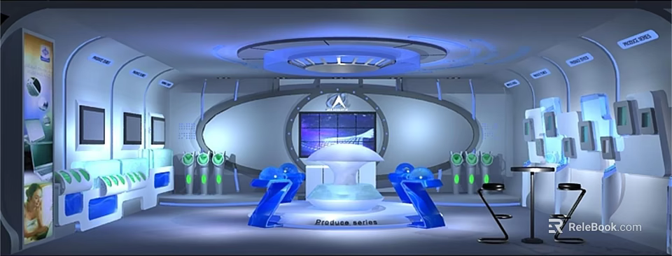 Hi tech Futuristic Control Console Setup With Large Screen Blue Lighting And Modern Elements 3d model 